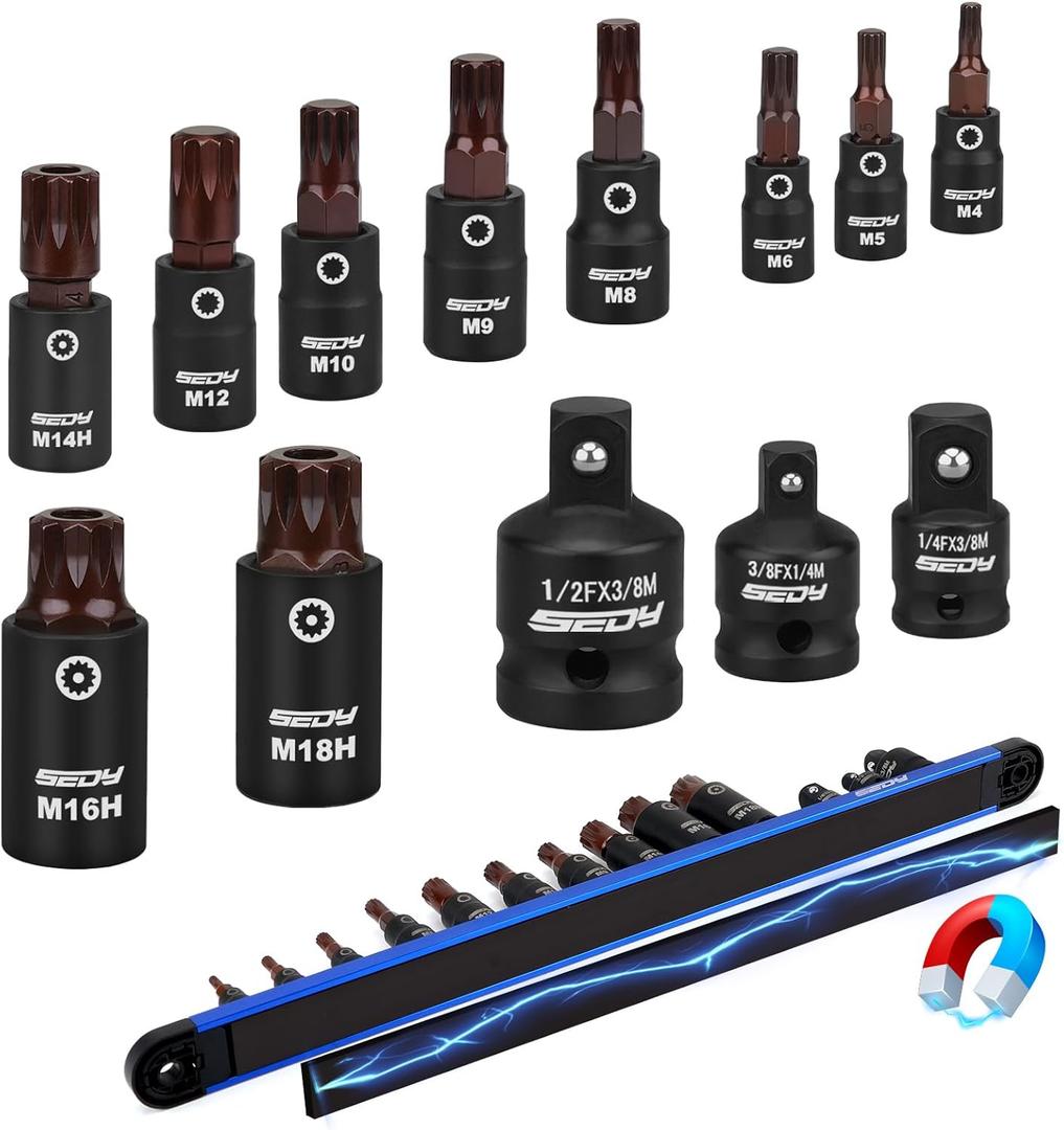 Triple-Square Spline Bit Socket Set: 13-Piece Socket Set with Magnetic Socket Rail Organizer, 1/4,3/8,1/2-inch Drive M4-M18 12 Point Bit Socket Set for Garages Workshops