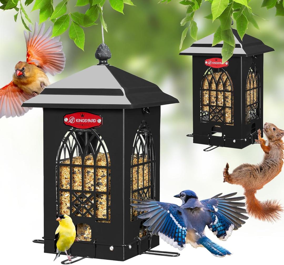 Kingsyard Squirrel Proof Bird Feeders for Outdoors with Weight-Activated Perches, 5 Lbs Capacity Large Metal Bird Feeder House for Small Wildbirds Cardinal Finch Bluebird, Weatherproof, Sequin Black