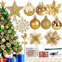 76Pcs Christmas Tree Decorations Set, Gold Hanging Ornaments w/Bulk Shatterproof Plastic Balls, Artificial Poinsettia Flowers, Glitter Berries Stems for Indoor Xmas Home Holiday Party Decor