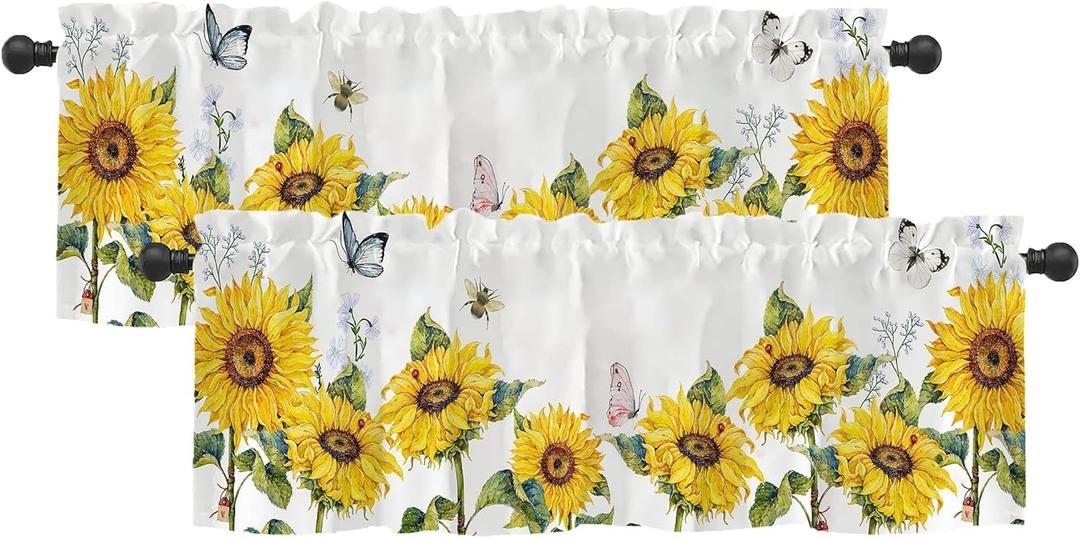 2 Pack Vibrant Sunflower Window Valance for Bedroom Living Room, Yellow Sun Flower Curtains Valanes for Windows, 3" Rod Pocket Window Treatment for Animal Summer Home Decor, 54 x 18 Inch, 2 Panel