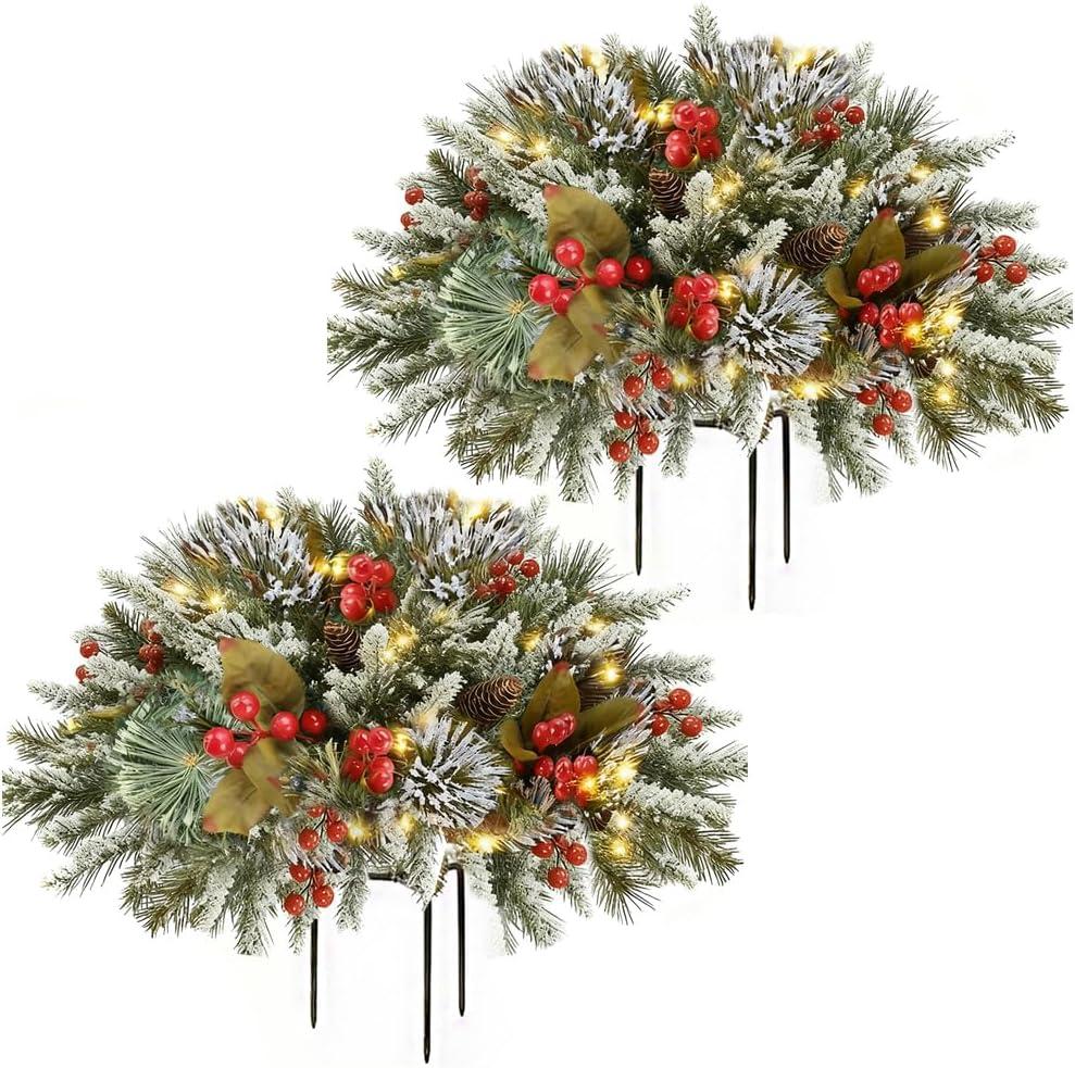 Eforcase 2PCS Artificial Flowers Plants Mini Pine Trees, Light up Christmas Flowers Urn Filler with Cones Red Berries and Tripod Stake,Faux Small Tree Outdoor Planter Filler Holiday Home Decor