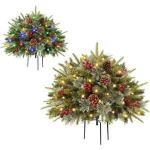 Alupssuc Set of 2 17 Inch Pre-lit Outdoor Christmas Tree with 50 Multi-Color Lights, Timer, Battery Operated Pre-Decorated Frosted Christmas Urn Filler for Pathway &Porch& Yard Decorations, 17 Inch