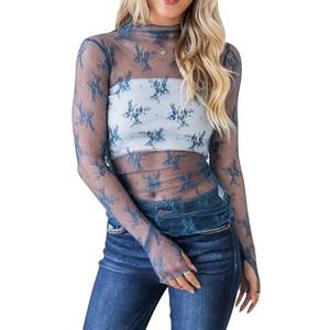 ROJZR Womens Mesh Tops Lace Long Sleeve Mock Neck Blouse Floral Sheer See Through Sexy Tops Shirt with Thumb Hole S
