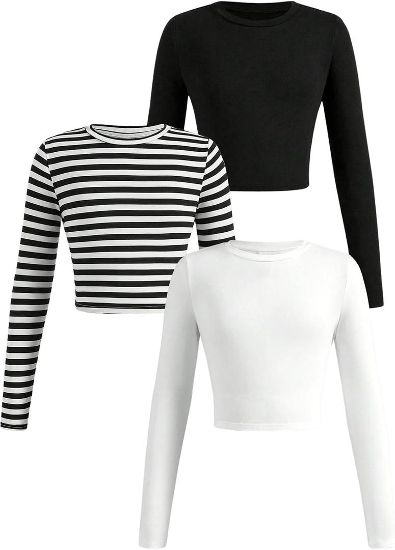 RoseSeek Girl's Long Sleeve Shirts Crew Nekc Slim Fitted Tight Fall Basic Tees Cute Crop Tops for Girls (Black and White)