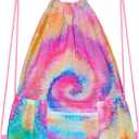 Mesh Drawstring Bag with Zipper Pocket, Beach Bag for Swimming Gear Backpack Gym Storage Bag for Adult Kids (Tie Dye)