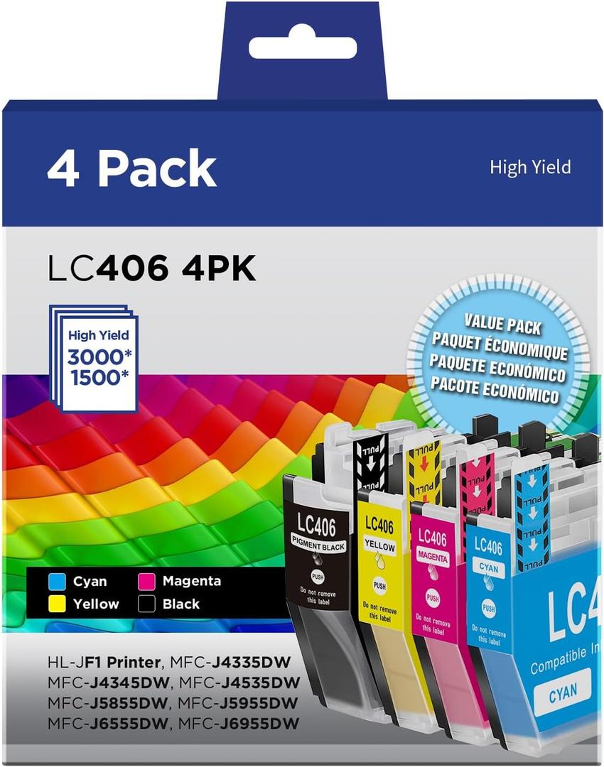 LC406 Ink Cartridges Compatible for Brother LC406XL LC406 High Yield Work with Brother MFC-J4535DW MFC-J4335DW MFC-J5855DW MFC-J6555DW MFC-J6955DW Printer(Black, Cyan, Magenta, Yellow, 4 Pack)