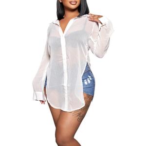 EDITCOZY Women's Sheer Cover Ups Button Up Blouse Sexy Long Sleeve Slit Hem Mesh See Through Shirts Tops (Medium, White)