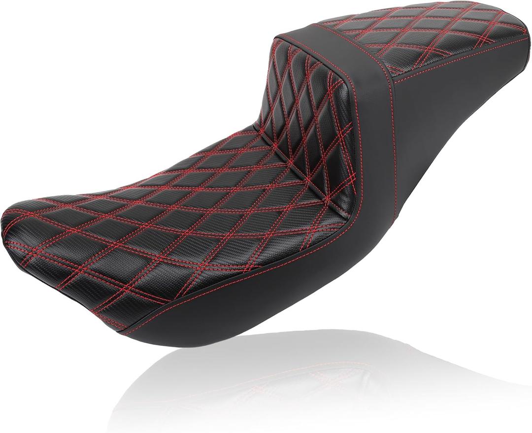 Touring Seat Low Profile 2-Up One-Piece Driver Passenger Seat Extended Reach Step Up Motorcycle Seats Leather Diamond Red Stitching for Harley Road King Electra/Street/Road Glide 2008-2023