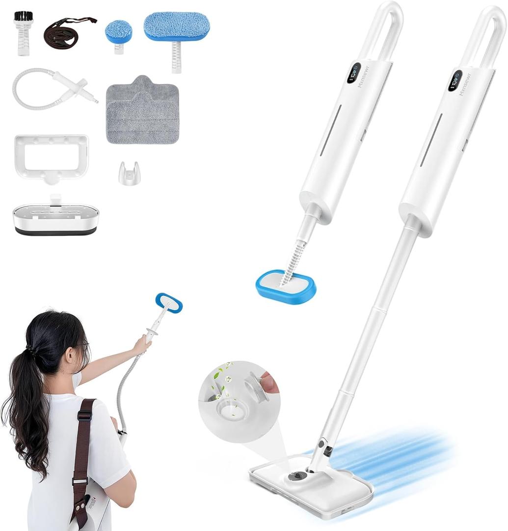 Steam Mop All-in-one for Floor Cleaning, MultiPurpose Steam Cleaner for Home with LED display screen, Detachable Handheld Floor Steamer with Scent Container and strap for Hardwood,Tiles and Carpet (White)