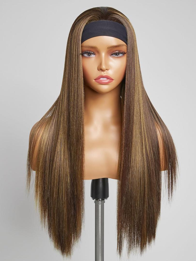 GORGIUS Glueless Straight Headband Wig Brown Highlight Wig with Head Band Put On and Go Synthetic Headband Wig Mix Colored 20 Inch Long Straight Wig (Color 4/27)