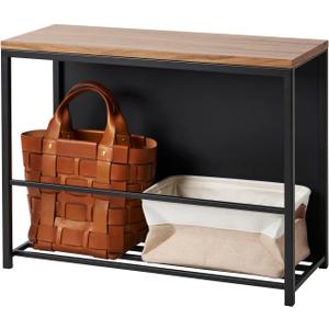 Yamazaki Home Tower Entryway Storage Shelf Rack for Slippers Shoes Boots Or Bags, Metal Entrance Mudroom Storage with Sturdy Wooden Bench Top, 18" - Steel + Wood (Black)