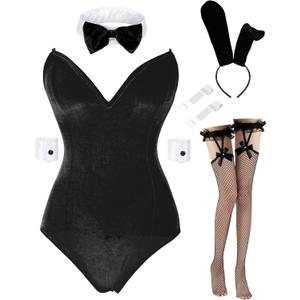 Drofe Bunny Costume Women Bunny Girl Senpai Cosplay Anime Role Costume Bodysuit Set (Black, XL)