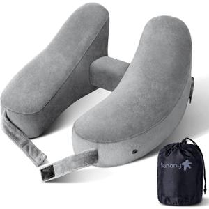 Sunany Neck Pillow for Travel Inflatable Airplane Pillow Comfortably Supports Head, Neck and Chin, Inflatable Travel Pillow with Soft Velour Cover and Portable Drawstring Bag (Grey) (Standard (No Hat))