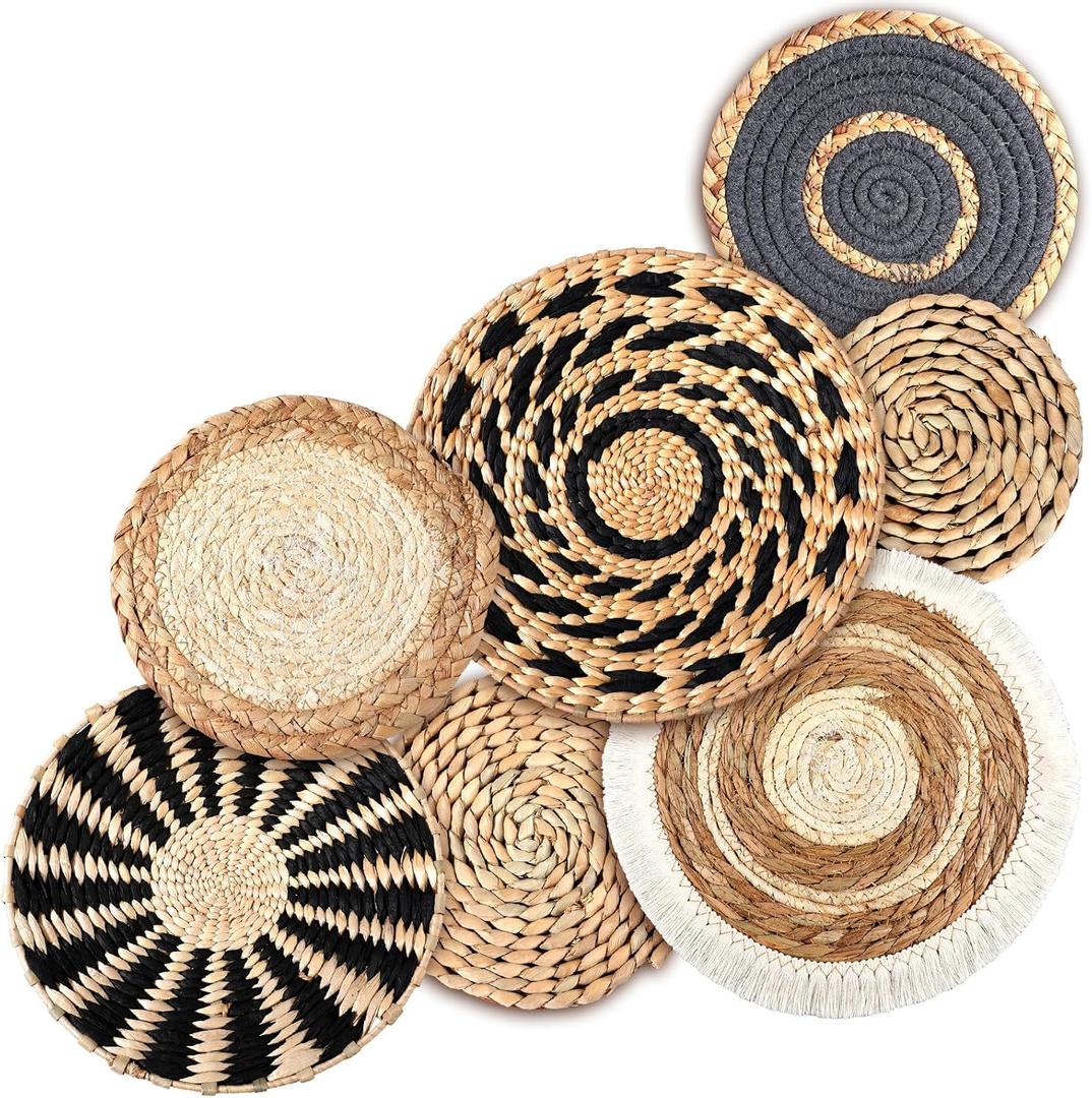 7 Pcs Boho Wall Basket Decor Hanging Handcrafted Seagrass Woven Round Bohemian Basket Wall Decoration Art for Farmhouse Home Room Rustic Decorations Table, Multi Sizes(Classic)