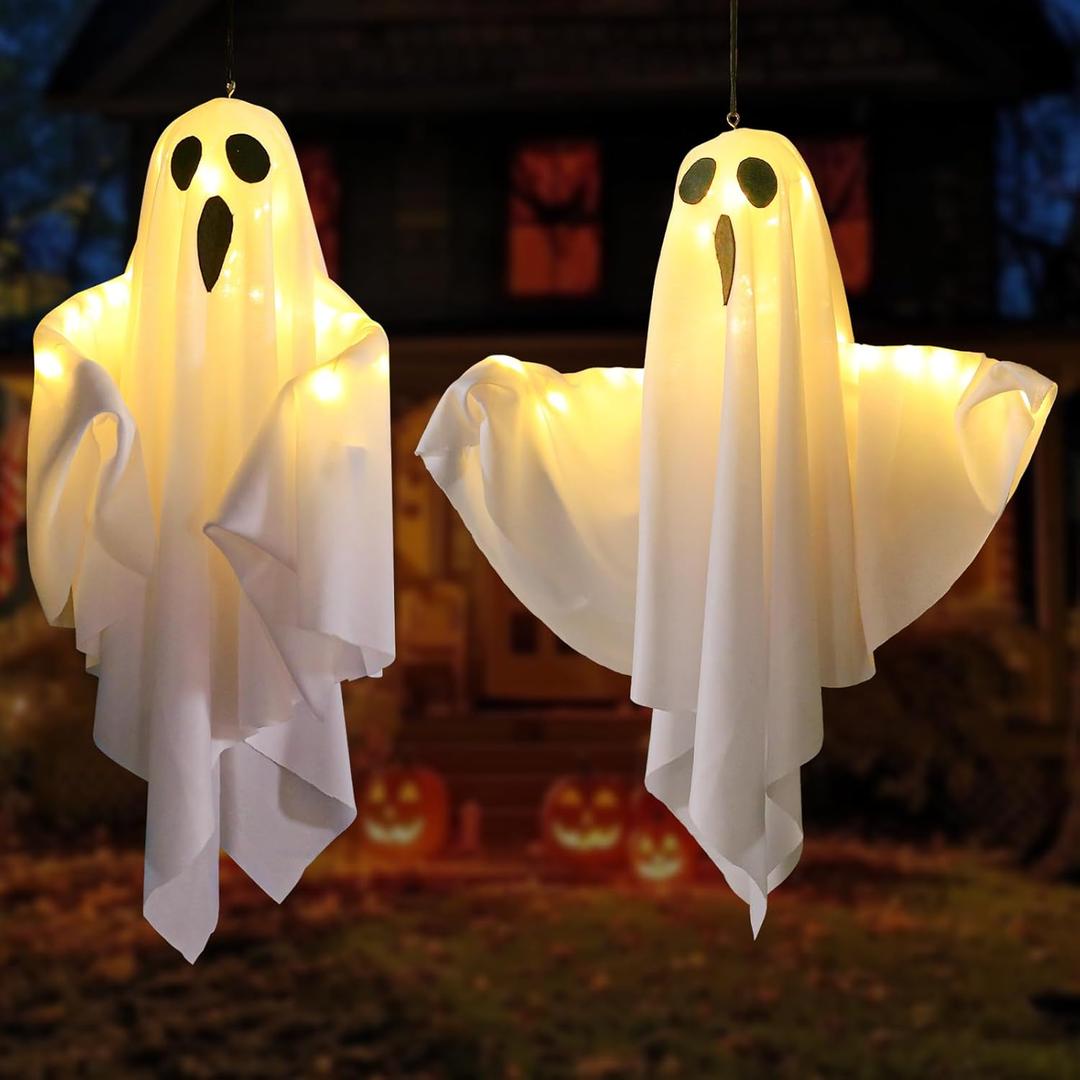 Hanging Ghosts Halloween Decorations Outdoor & Indoor, Light Up Ghost Decor with Battery Operated, Cute Hanging Halloween Decor for Party, Porch, Yard, Trees, Haunted House2 Pcs