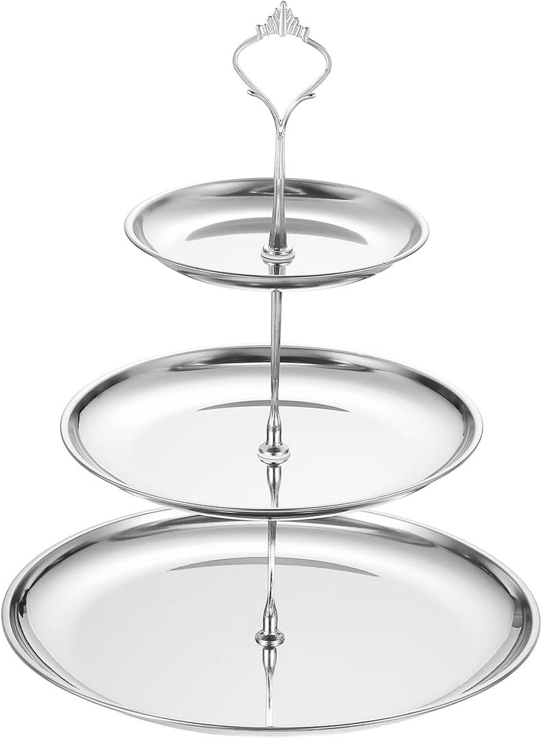 Uxcell 1 Set 3-Tier Cupcake Stand Holder, Round Tiered Serving Tray Stainless Steel Cup Cake Stand for Dessert Fruit Table Birthday Party Decoration Display, Silver