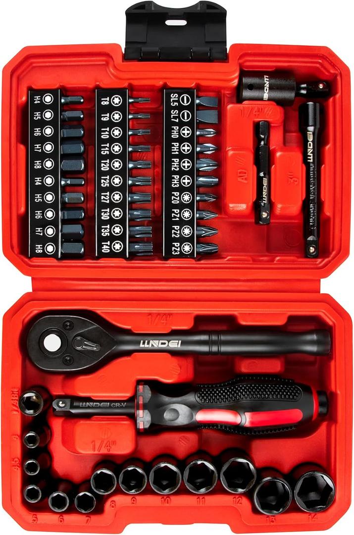 LLNDEI 48 Piece 1/4 Inch Mini Socket Ratchet Wrench Set, Metric Shallow Socket (4-14mm) 6-Point,with 72 Teeth Mini Ratcheting Wrench, Screwdriver Bit Set, Universal Joints and 3 Inch Extensions LLNDEI 48 Piece 1/4 Inch Mini Socket Ratchet Wrench Set, Metric Shallow Socket (4-14mm) 6-Point,with 72 Teeth Mini Ratcheting Wrench, Screwdriver Bit Set, Universal Joints and 3 Inch Extensions