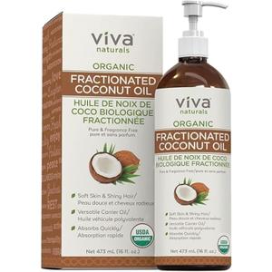 Viva Naturals Organic Fractionated Coconut Oil - Skin & Hair Moisturizer, Relaxing Massage and Body Oil, Carrier Oil for Essential Oils Mixing, Pure Non-Greasy Coconut Oil for Skin and Hair, 16 fl oz