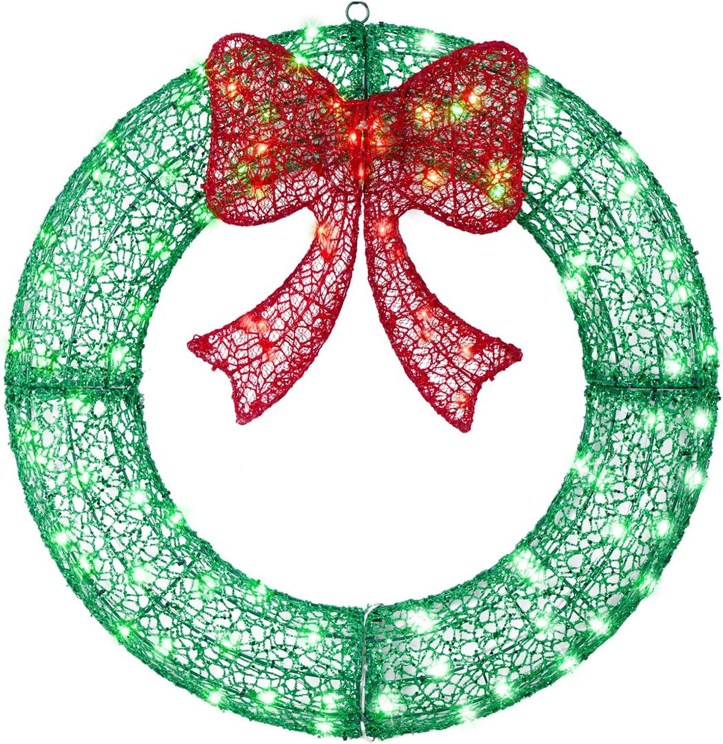 24" Pre-Lit Outdoor Christmas Wreath with 140 LED Lights and Bow, Lighted Metal Christmas Wreath Decoration with Timer Function for Xmas Home Wall Front Door Window Garage (Green Red)