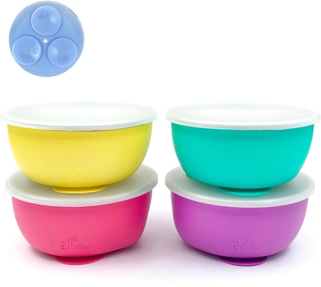 Elk and Friends Stainless Steel Bowls with Silicone Sleeve for Babies & Toddlers | Lids Included | Stay Put Suction | Cereal & Snack Bowls | 4 Pack (Purple/Pink/Teal/Yellow)