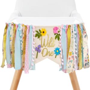 Wildflower High Chair Banner - Floral "Wild One" First Birthday Decor for Girls, Spring Theme Highchair Garland, 1st Birthday Party Decoration, Baby Shower Photo Backdrop (Light Pink)