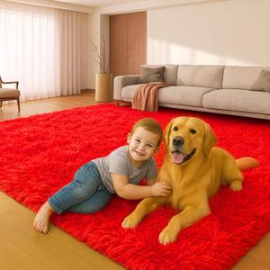 5x7 Plush Fluffy Area Rugs, Large Soft Carpet, Upgraded Non-Slip Rectangular Rug for Living Room, Bedroom, Kids Room, Dorm, Modern Home Decor Aesthetic, Red