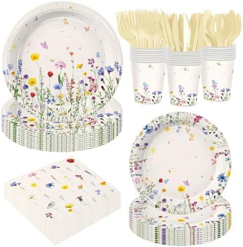 168Pcs Wildflower Party Supplies Baby in Bloom Baby Shower Decorations Paper Plates Napkins Cups Cutlery for Wildflower Baby Shower Decorations Serve 24 Guests