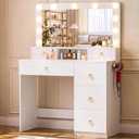 COMHOMA Makeup Vanity Desk with Mirror and Lights, Vanity Table with Divided Drawer and Storage Cabinet, 32In Full Size Mirror& Adjustable 3 Color Modes, Open Storage Shelf, White and Gold