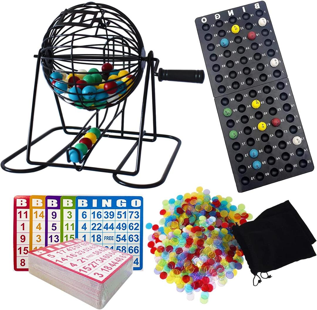 Yuanhe Deluxe Bingo Game Set - Metal Round Cage, 75 Colored Bingo Balls, 100 Bingo Cards, 500 Mixed Chips and Master Board for Large Groups, Parties