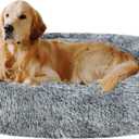 Coohom Oval Calming Donut Cuddler Dog Bed,Shag Faux Fur Cat Bed Washable Round Pillow Pet Bed for Small Medium Dogs (XL(36"x27"x7"), Grey)