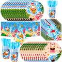 HOWAF 117pcs Hawaii Christmas Decorations Tableware Set, Paper Plates and Napkins Sets Plastic Xmas Santa Tablecloth Disposable Dinnerware Beach Party Paper Cups Forks Supplies