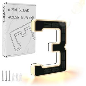 ISUNMEA 6.7 Inch Solar Lighted House Numbers for Outside, Light Up Waterproof LED Address Signs for Houses, Backlit Illuminated Exterior Modern House Numbers Light (3-Black, 6.7IN)