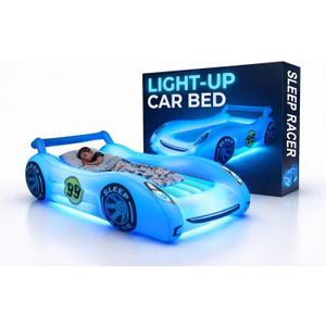Air Candy Sleep Racer Dream Car Inflatable Kids Bed with LED Night Light Glow  Blue Race Car Air Mattress for Kids Sleepovers, Naps & Travel, Ages 312 (Single Large (Blue))