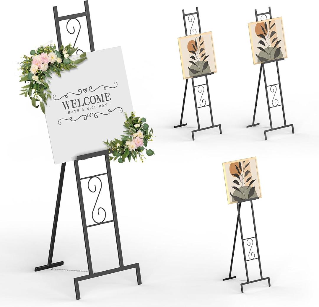 58IN Black Easel Stand for Sign, 3 Tier Adjustable Larger Wedding Welcome Sign Holder, Art Poster Display Stand Free Standing with Chain, 17x17x58 Inch