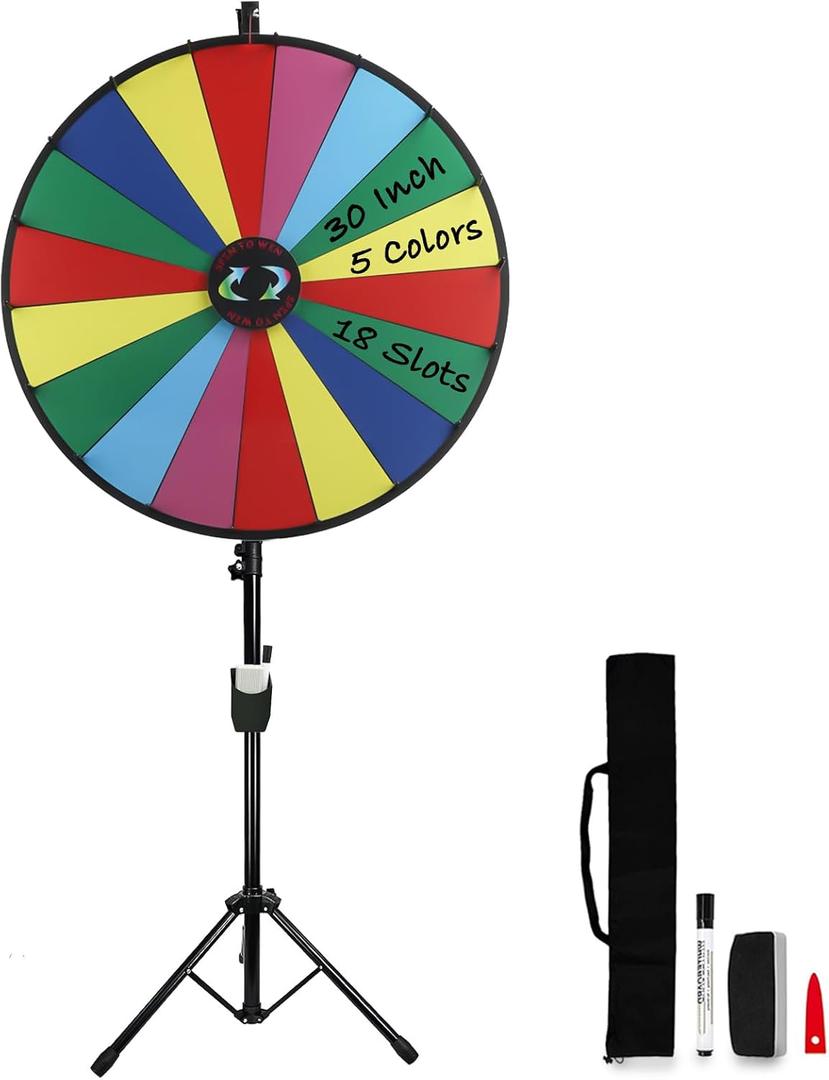 iElyiEsy 30" Prize Wheel with Folding Tripod Floor Stand Height Adjustable 18 Slots Spin Wheel for Prizes with Dry Erase Markers & Eraser for Carnival Trade Show (30 Inch)