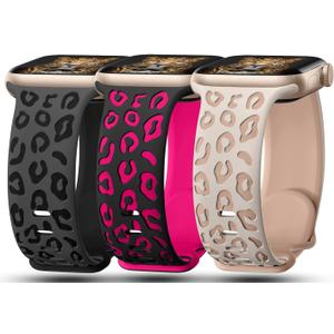 3 Pack Leopard Engraved Bands Compatible with Apple Watch Band 41mm 40mm 38mm 42mm 44mm 45mm 46mm 49mm Women, Soft Silicone Cheetah Embossed Sport Strap for iWatch Series 10 9 8 7 6 5 4 3 2 1 Ultra (DGrey&Black,Black&Hotpink,Starlight&Nude Tan)