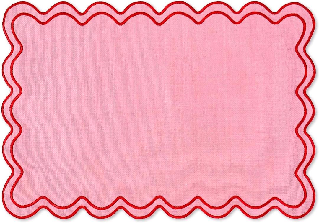 Whaline Pink Red Placemats Embroidered Scalloped Kitchen Place Mats for Wedding Baby Shower Party Home Dining Table Decor, Set of 6, 13 x 19 in