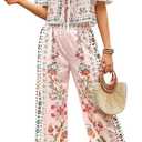 WDIRARA Women's Boho Floral 2 Piece Palazzo Pants Set Short Sleeve Blouse (Pink, L)