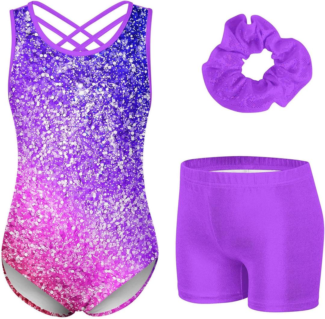 Idgreatim 5-10 Years Gymnastics Leotards for Girls Shiny tumbling outfits with Shorts Unitards Biketards (7-8 Years, Sunset Purple)
