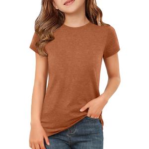 ZDC Girls Short Sleeve T Shirts Kids Summer Basic Tee Crewneck Tops | Cute Tops, Solid Color, School Shirt, 5-14 Years (Brown)
