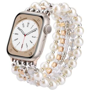VISOOM Beaded Bracelet Compatible for Apple Watch Band 42mm/40mm/38mm/41mm Series 11 10 9 8 7 SE Series 6/5/4 Women Fashion Cute Handmade Pearl Stretchy Watch Strap for iWatch Bands Series 3/2/1