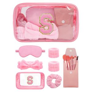 Gift Sets for Women, Initial Makeup Bag with Makeup Brush Set Bachelorette Party Favors, Pink Spa Kit with Skincare Headbands Wrist Bands Sleepover Party Supplies Gifts for Teen Girls Bridesmaid S