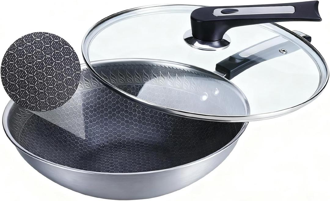 13 Inch Nonstick Frying Pan,Stainless Steel Frying Pan, Skillet with lid Suitable for Induction,Ceramic,Gas Cooktops and Ovens
