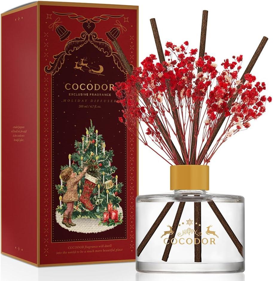 COCODOR Christmas Reed Diffuser Set / 6.7oz / Snow Fig/Holiday Scented Oil with Sticks, Festive Home Fragrance Gift for Xmas & Winter Dcor (Real Flower/6.7Ounce/1Pack)