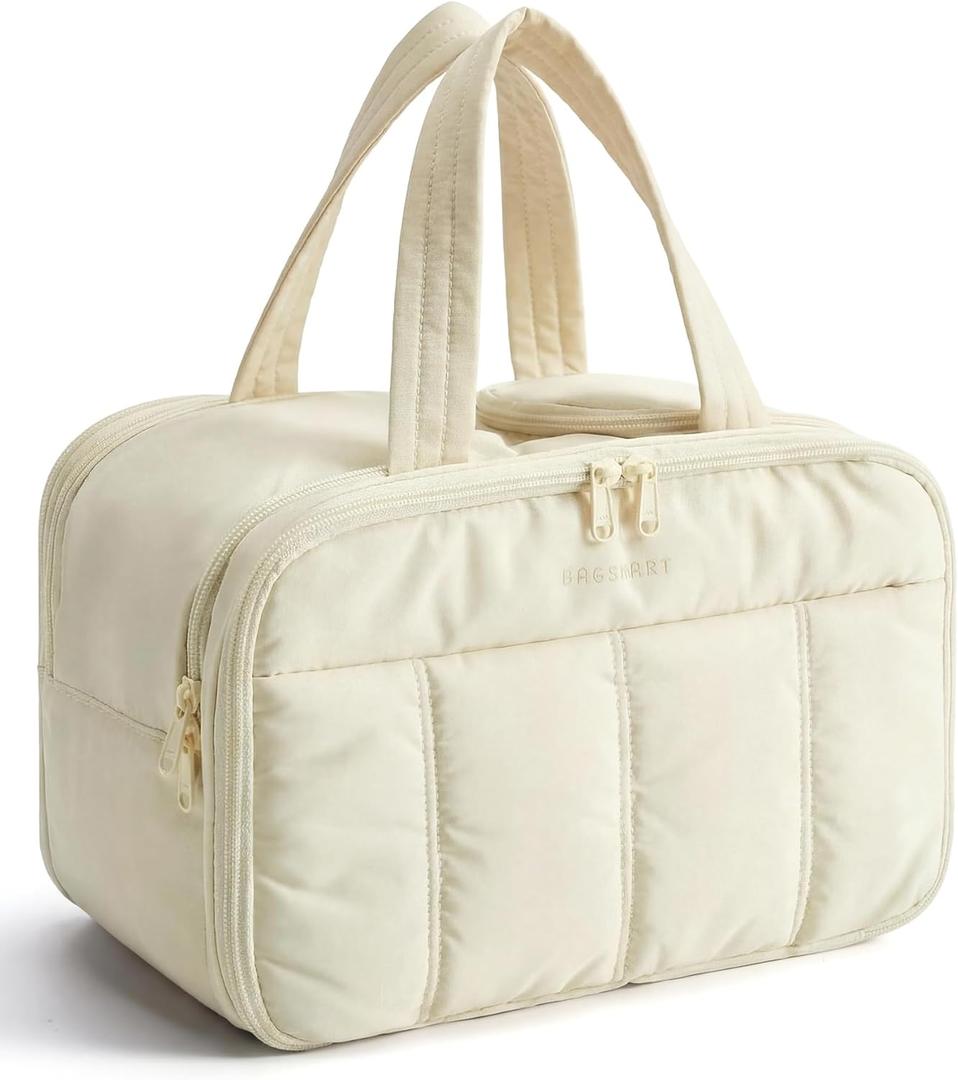BAGSMART Travel Toiletry Bag, Puffy Large Toiletry Bag for Women, Lightweight Cosmetic Makeup Bag Organizer with Handle for Traveling, Accessories, Essentials, Toiletries Beige