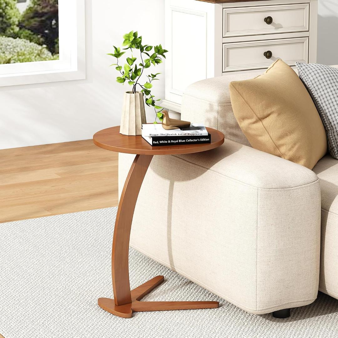 C Shaped End Table, Small Round Side Table for Couch, Slide Under Sofa Tray Desk for Living Room Bedroom, Solid Wood TV Tray Table for Narrow Space (15 Chestnut), Medium-15"
