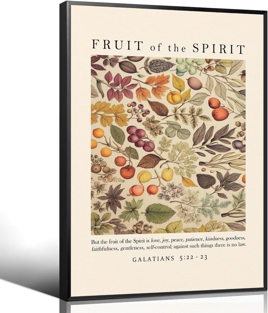 Fruit of The Spirit Canvas Wall Art, Christian Bible Verse Poster, Framed Galatians 5:22-23 Love Joy Peace Patience Scripture Print, Religious Biblical Spiritual Artwork for Prayer 16x24in