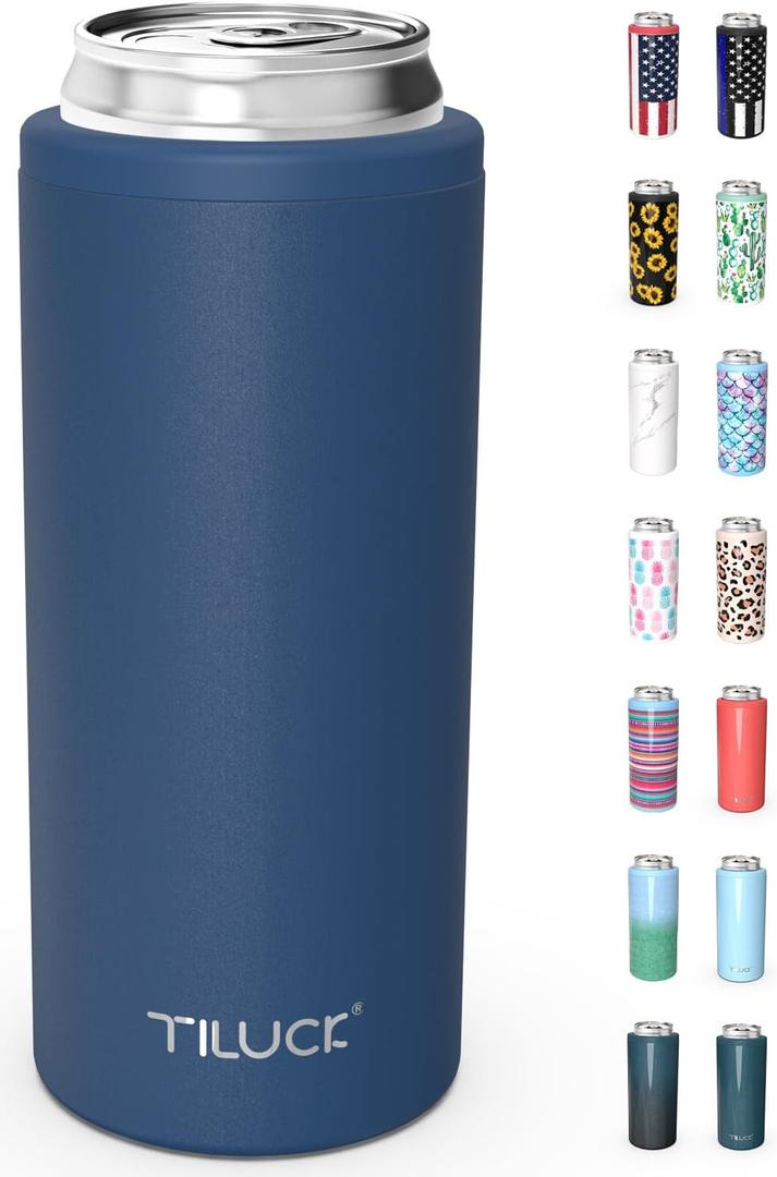TILUCK Skinny Can Cooler for Slim Beer & Hard Seltzer, Stainless Steel, Double-Walled Stainless Steel Insulated Slim Cans, Standard 12 oz (Frosted Navy)