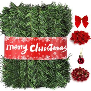 72Feet Christmas Garland, with 36 Red Velvet Bows and 24 Decorative Balls, Non-Lit Greenery Christmas Decoration for Xmas Tree Wreath, Indoor Outdoor Home Mantle Wedding Party