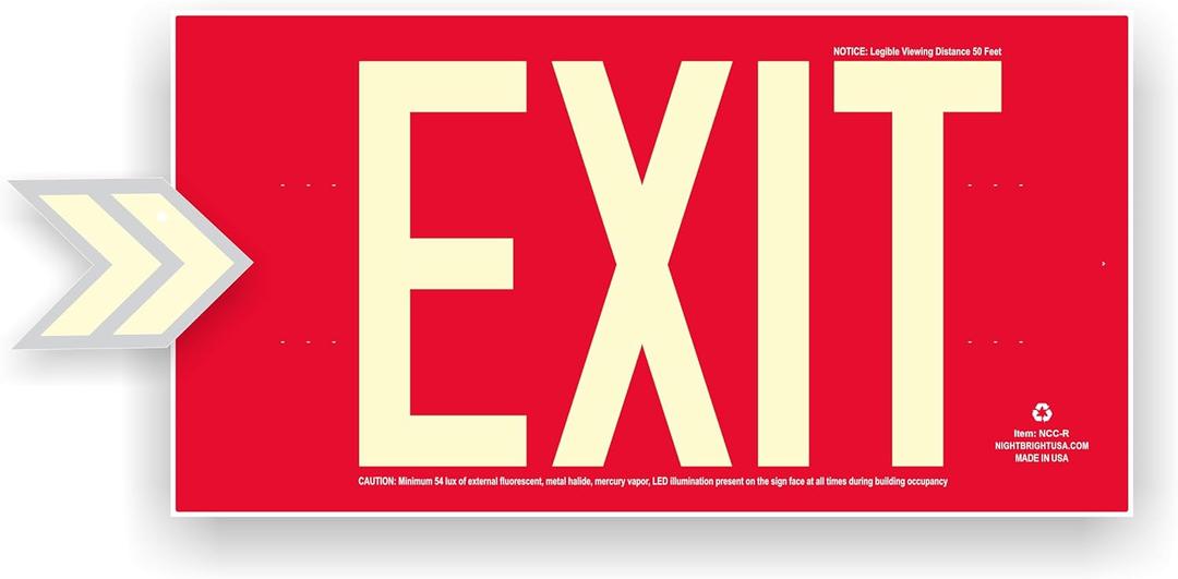 Photoluminescent Exit Sign Aluminum. OSHA/ASTM/ANSI American Standard. 14.25" x 7.5" Weather Proof. NightBright USA Item: NCC-R